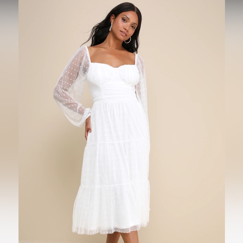 Lulus Affectionate Aura White Swiss Dot Tiered Bustier Midi Dress